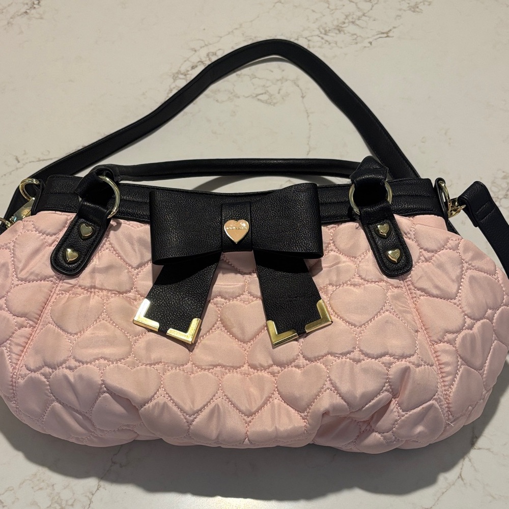 Pink Quilted Heart Bag with Black Accents